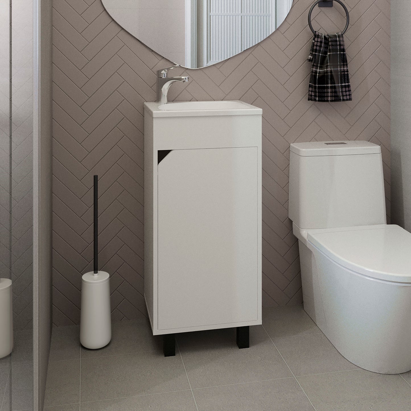 Bethel Wide One-Door Cabinet, Free Standing Vanity With Resin Sink And Two Shelves, Bathroom Storage, White