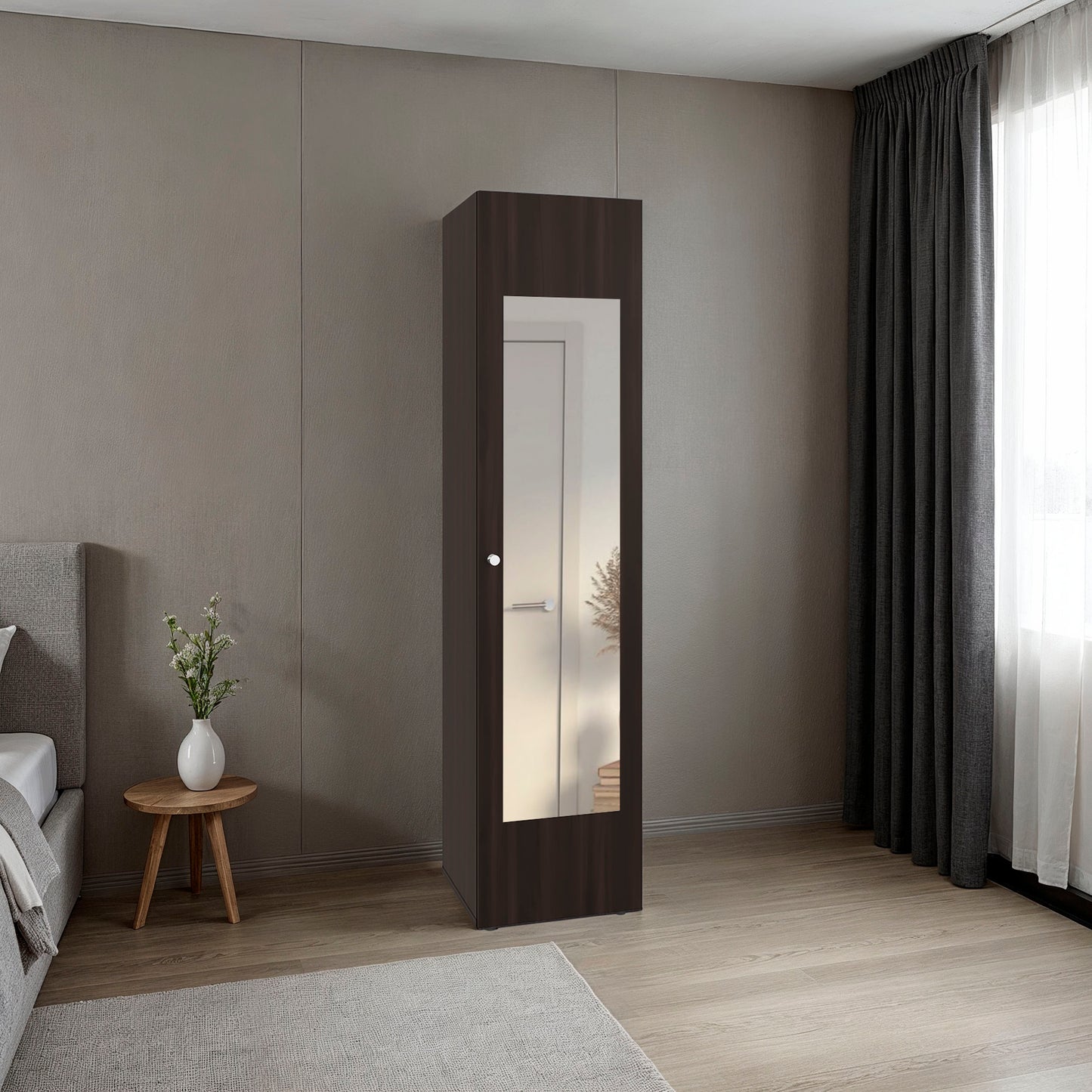 Home Linen Freestanding Tall Cabinet with Single Door, One Mirror and 4 Horizontal Storage Shelves, Cabinet for Bathroom, Bedroom or Laundry Room