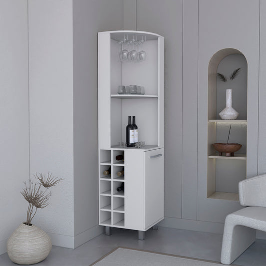 Kaia Corner Bar Cabinet With Four Shelves, Ten Wine Bottle Cubbies And Stemware, White