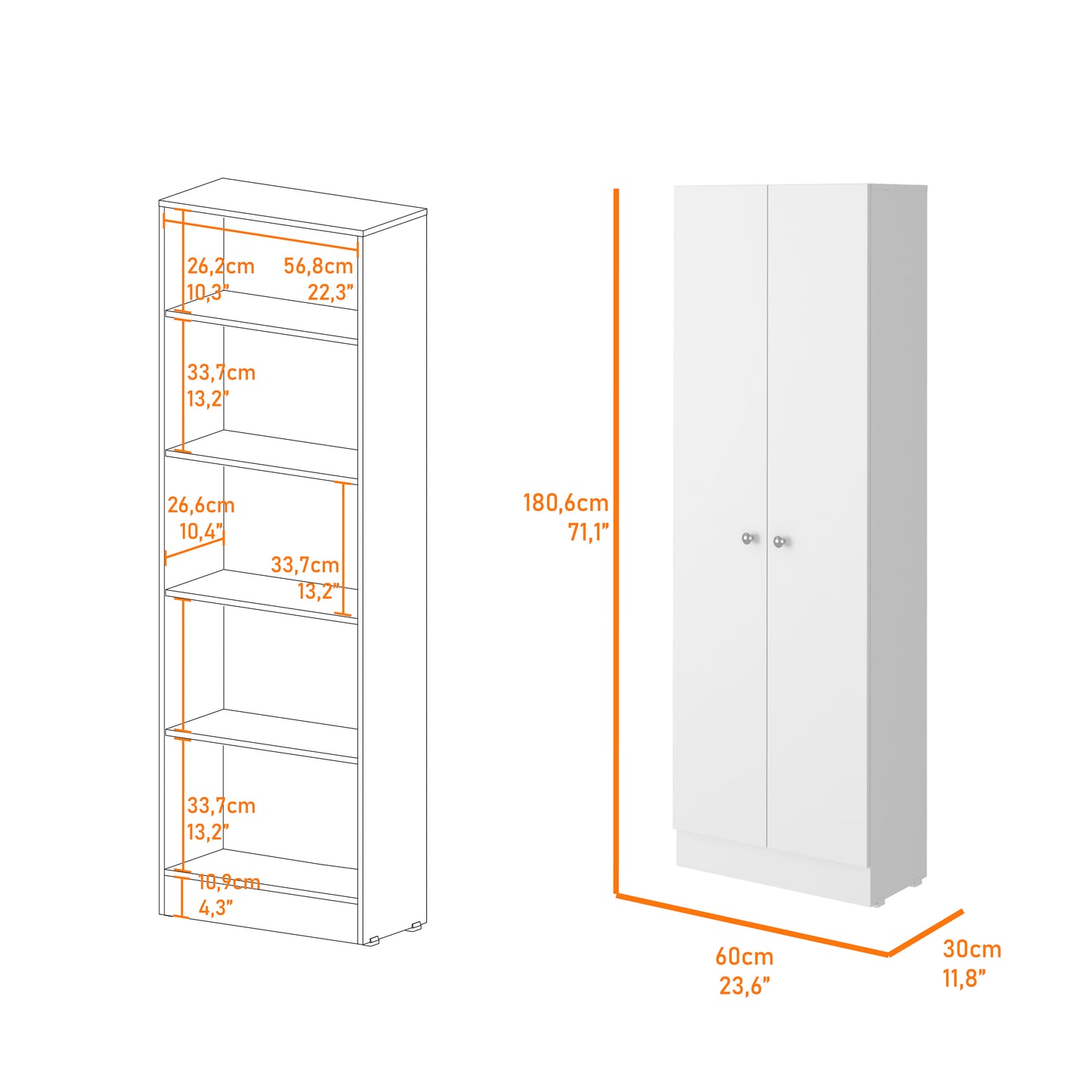 White Two Door Storage Cabinet - 70.8" Tall, Particle Board