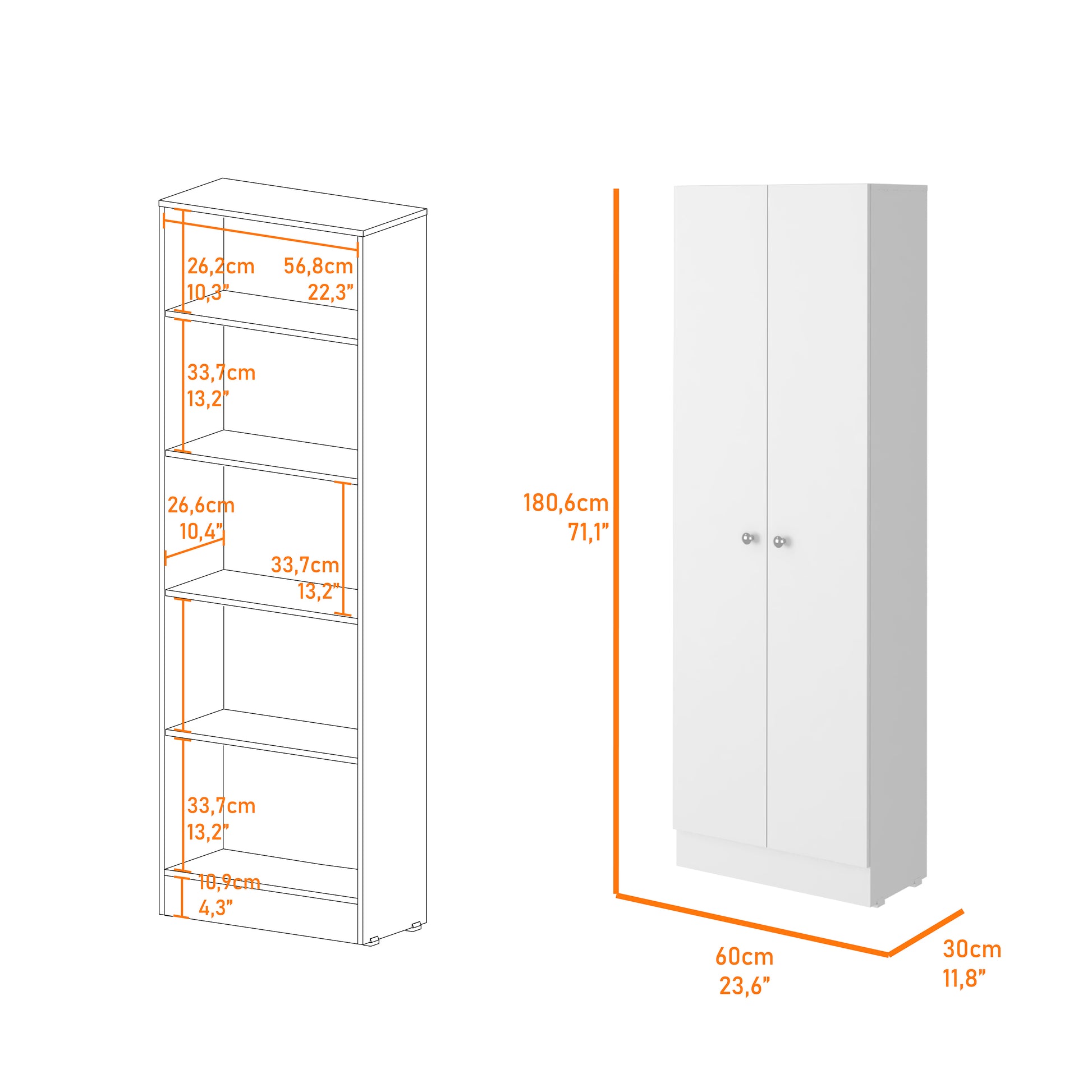 White Two Door Storage Cabinet - 70.8" Tall, Particle Board