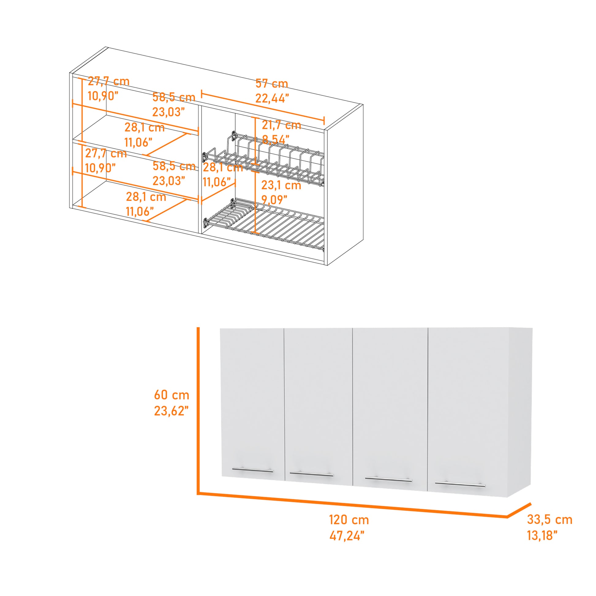 White Four Door Wall Mounted Cabinet - 47.2" W x 23.6" H