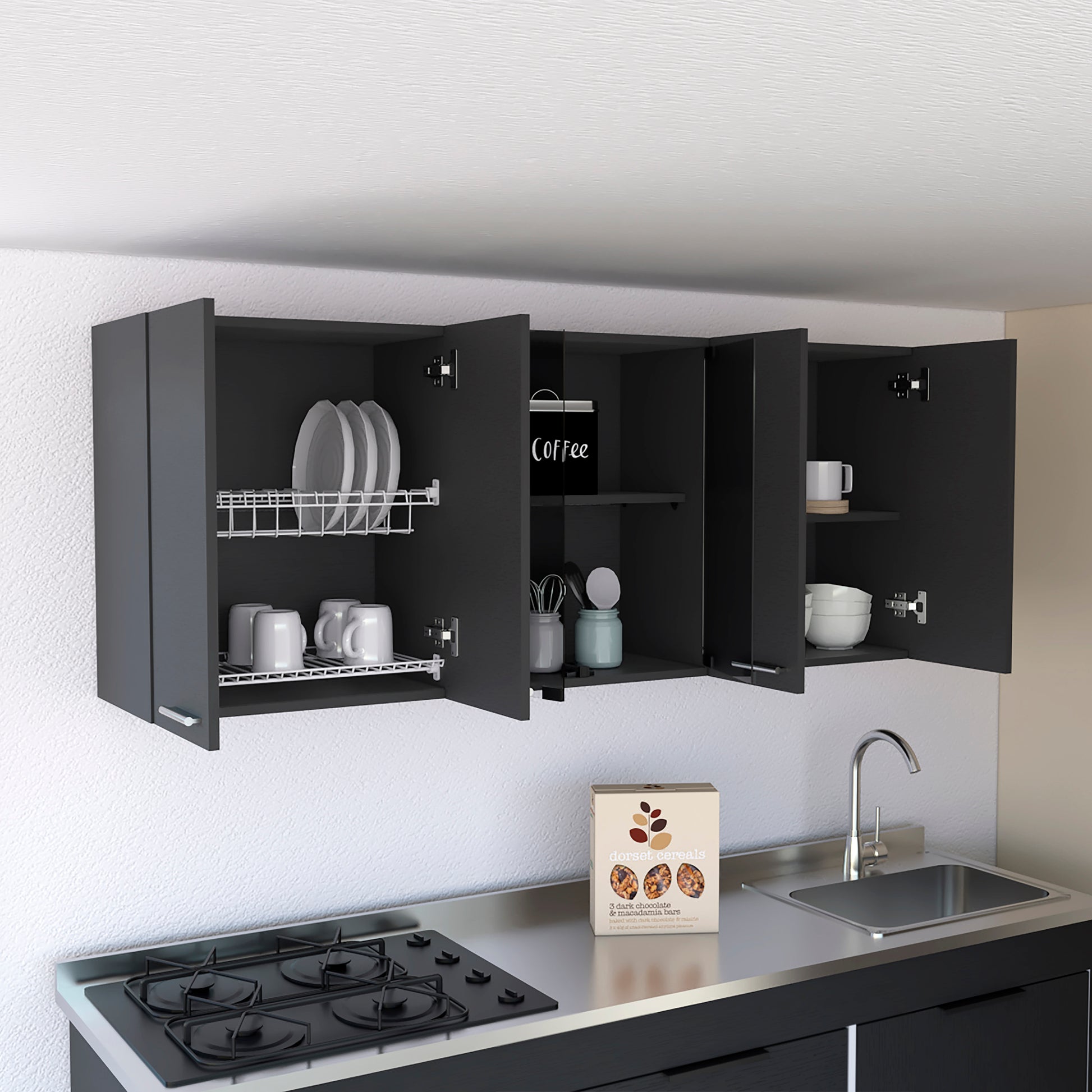 Black Wall Cabinet with Four Shelves - 12.4 x 59 x 23.6"