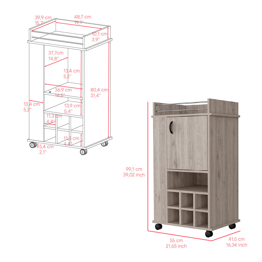 Light Gray Bar Cart with Wine Storage & Casters