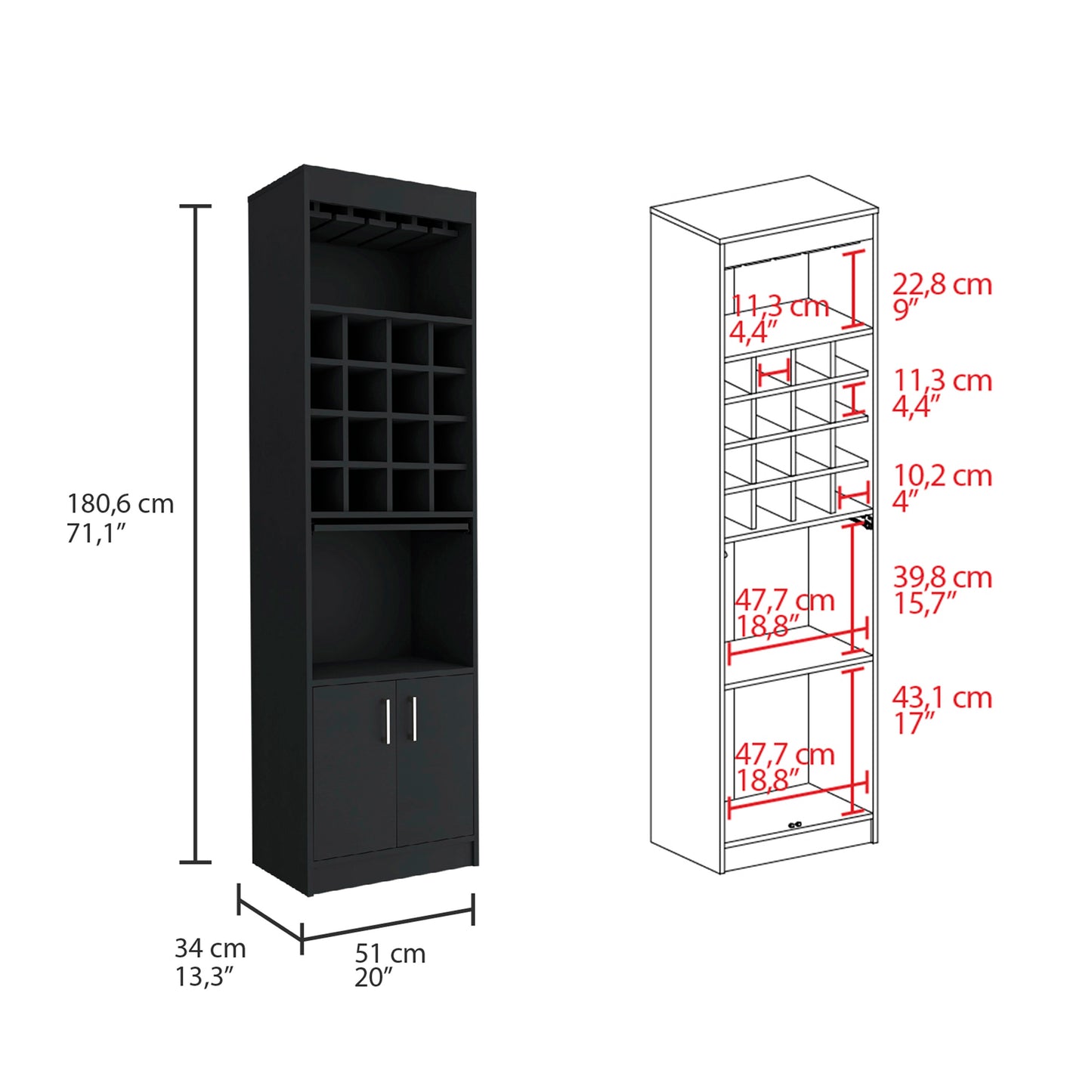 Black Wine Bar Cabinet - 16 Cubbies, 20"W