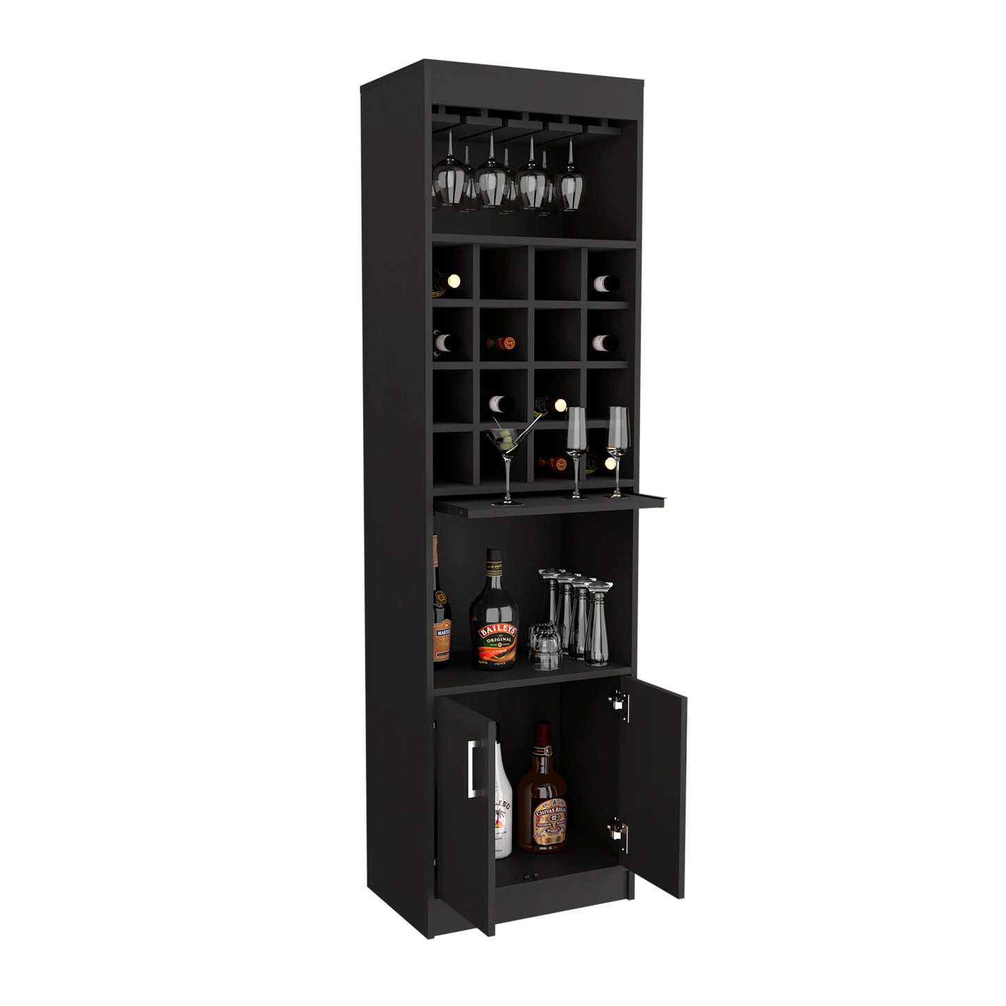 Black Wine Bar Cabinet - 16 Cubbies, 20"W