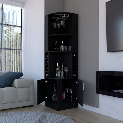 Black Corner Bar Cabinet - 8 Wine Cubbies Storage for Living Room