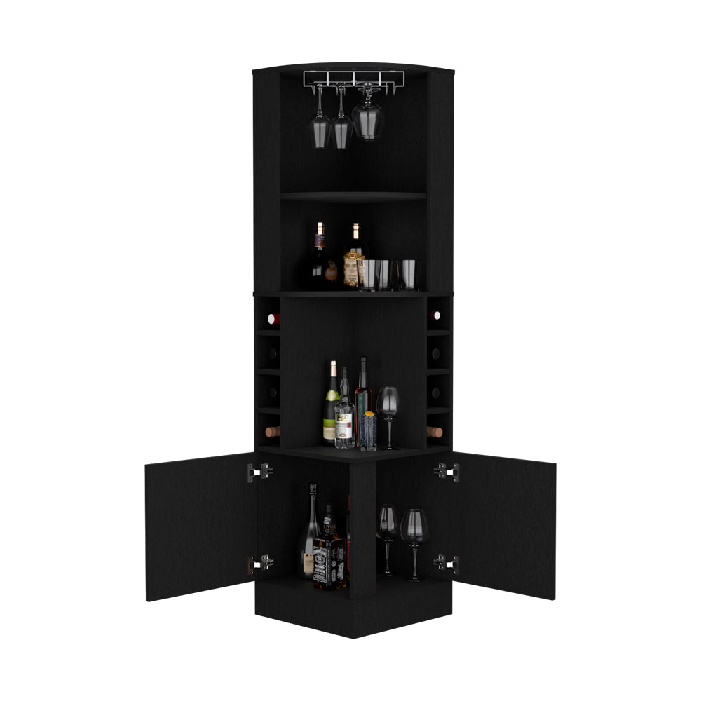 Black Corner Bar Cabinet - 8 Wine Cubbies Storage for Living Room