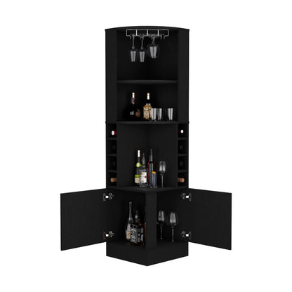 Black Corner Bar Cabinet - 8 Wine Cubbies Storage for Living Room