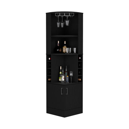 Black Corner Bar Cabinet - 8 Wine Cubbies Storage for Living Room