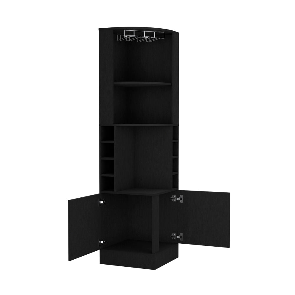 Black Corner Bar Cabinet - 8 Wine Cubbies Storage for Living Room