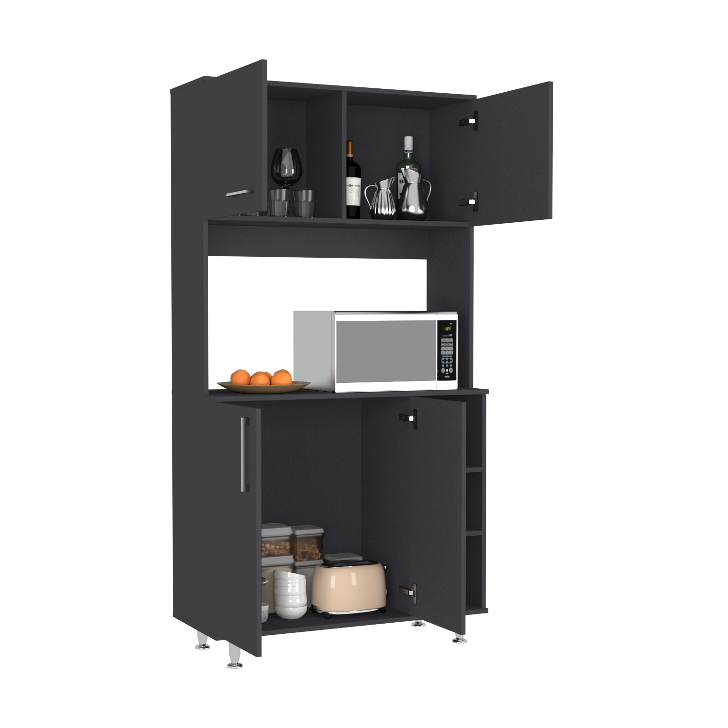 Black Pantry Cabinet with Hutch - 37 Inch Wide Storage