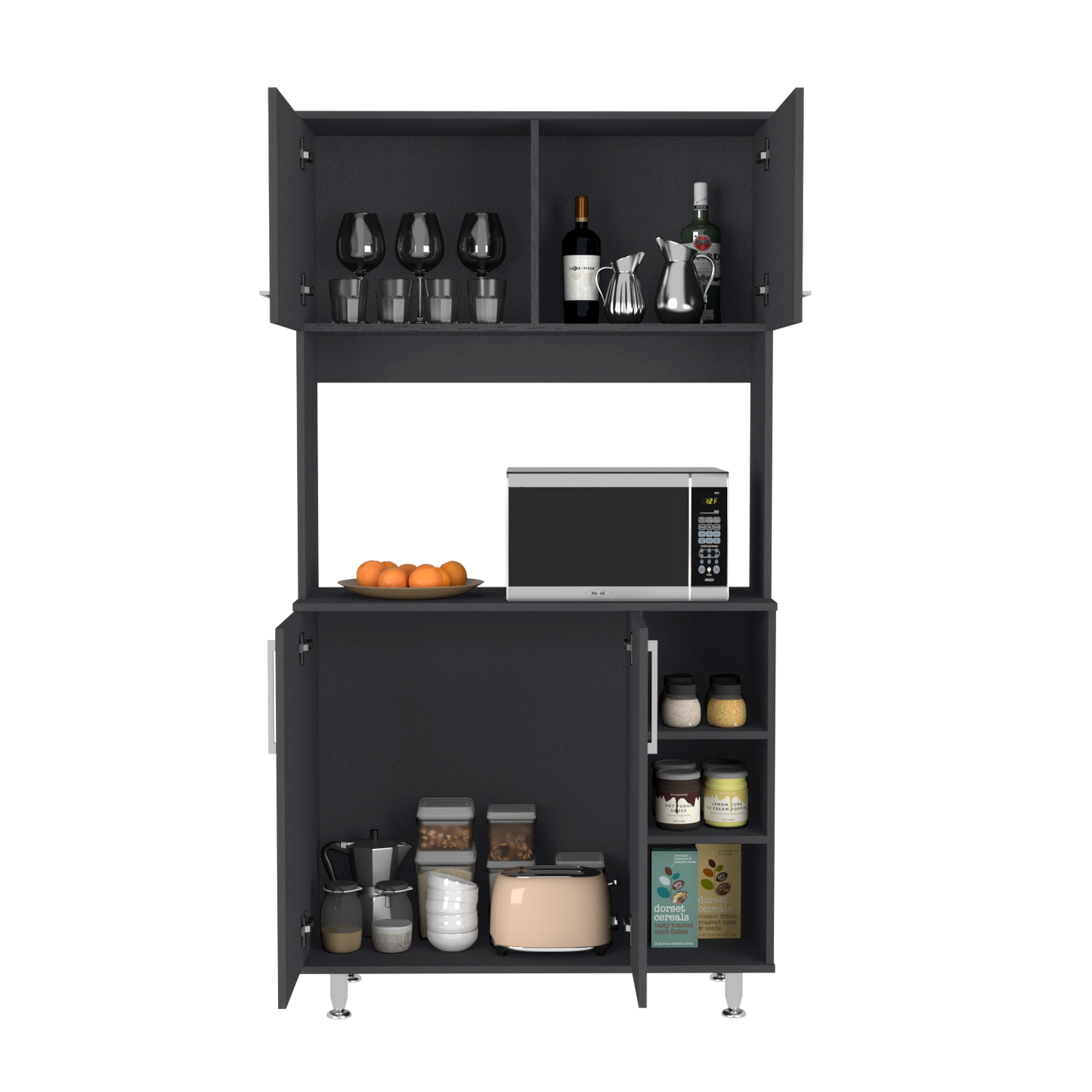 Black Pantry Cabinet with Hutch - 37 Inch Wide Storage