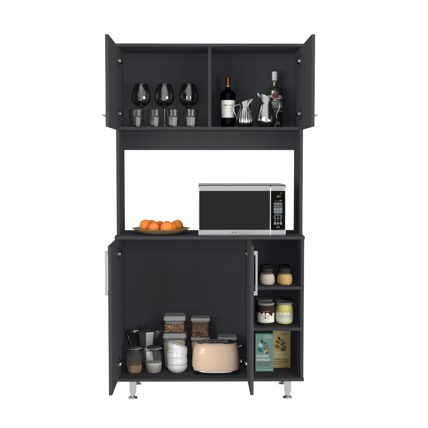 Black Pantry Cabinet with Hutch - 37 Inch Wide Storage