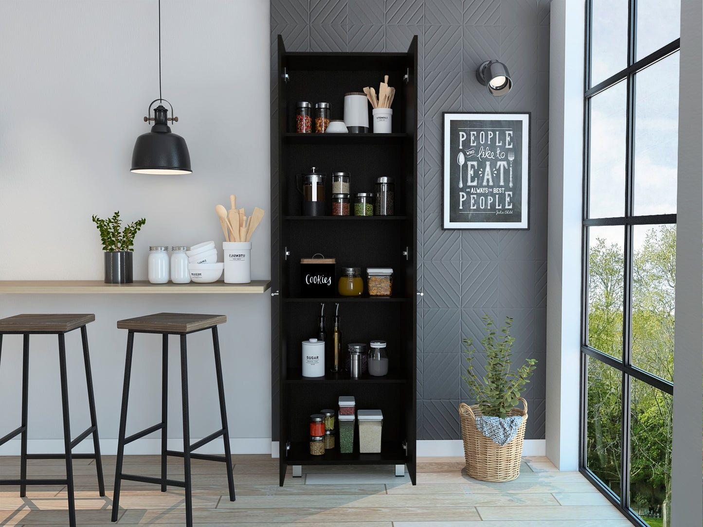 78" Black Storage Cabinet with Shelves for Living Room