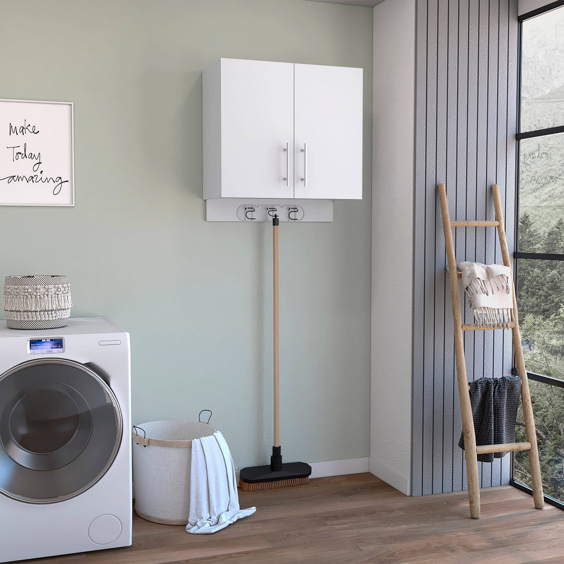 Wall cabinet 27" H, three broom hangers and metal handles, two internal shelves, two doors, white