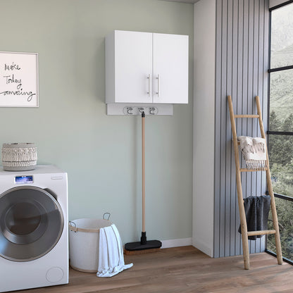 Wall cabinet 27" H, three broom hangers and metal handles, two internal shelves, two doors, white