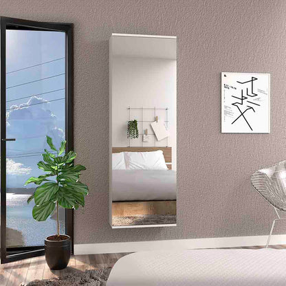 Wall Shoe Rack 54" H, One Mirror, One Door, Five Internal Storage Shelves, Approximate Capacity for Ten Shoes, White