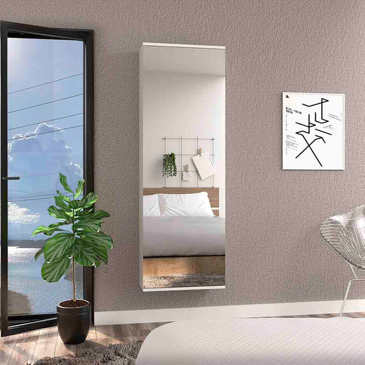 Wall Shoe Rack 54" H, One Mirror, One Door, Five Internal Storage Shelves, Approximate Capacity for Ten Shoes, White