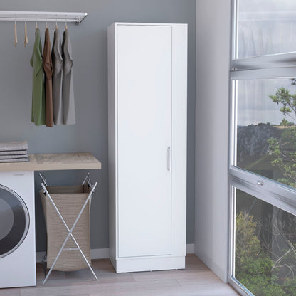 Storage Cabinet 72"H, Six Internal Shelves, One Door, Three Broom Hangers, White