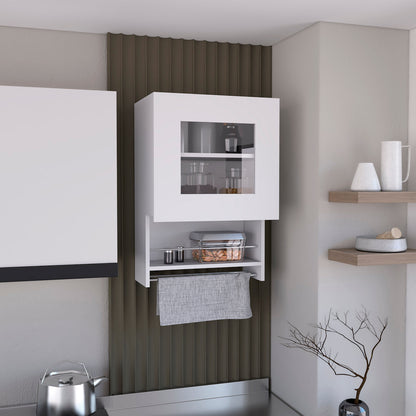 Kitchen wall cabinet 29" H, with towel rack and spice rack, one door, two internal shelves, white