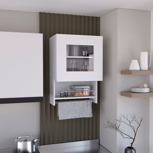 Kitchen wall cabinet 29" H, with towel rack and spice rack, one door, two internal shelves, white