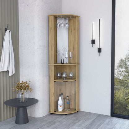 Bar-coffee corner cabinet storage 74" H, with rounded front design, 2 central shelves, 1 glass holder in the upper compartment, 1 storage with double glass door in the lower part, macadamia
