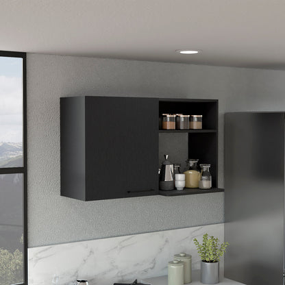 Stackable Wall Storage Cabinet 24" H, Two Internal Shelves, Two External Storage Shelves, One Door, Black
