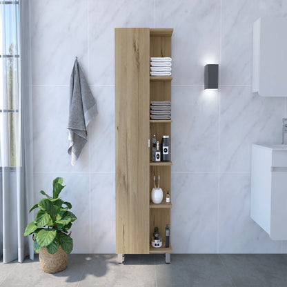 Linen Single Door Cabinet 62" H, Five External Shelves, Four Interior Shelves, Light Oak
