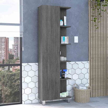 Linen Single Door Cabinet 62" H, Five External Shelves, Four Interior Shelves, Smokey Oak