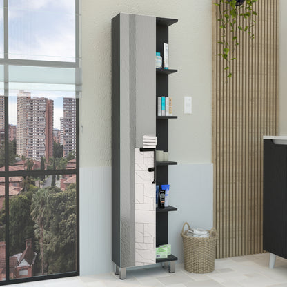 Linen Single Door Cabinet 62" H, Five External Shelves, Four Interior Shelves, Black