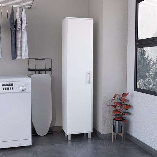 Storage Cabinet 71" H, Five Internal Shelves, Three Broom Hangers, White