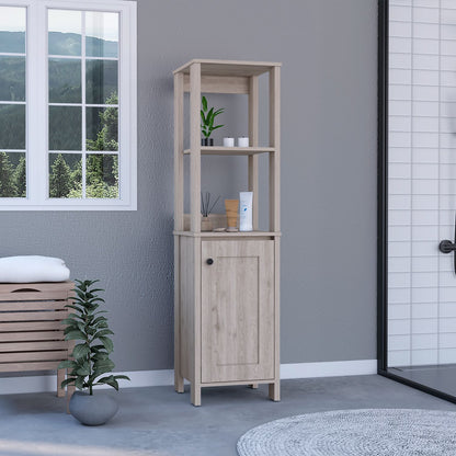 Linen Single Door Cabinet 59" H, Two Interior Shelves, Two Open Shelves, Light Gray