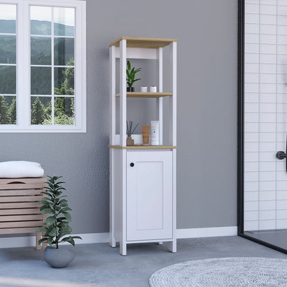 Linen Single Door Cabinet 59" H, Two Interior Shelves, Two Open Shelves, Light Oak / White