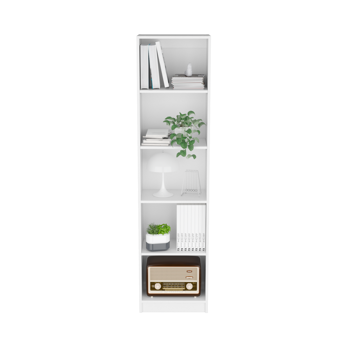 White Pine Bookshelf - Compact 5 Shelf Display Unit for Living Room