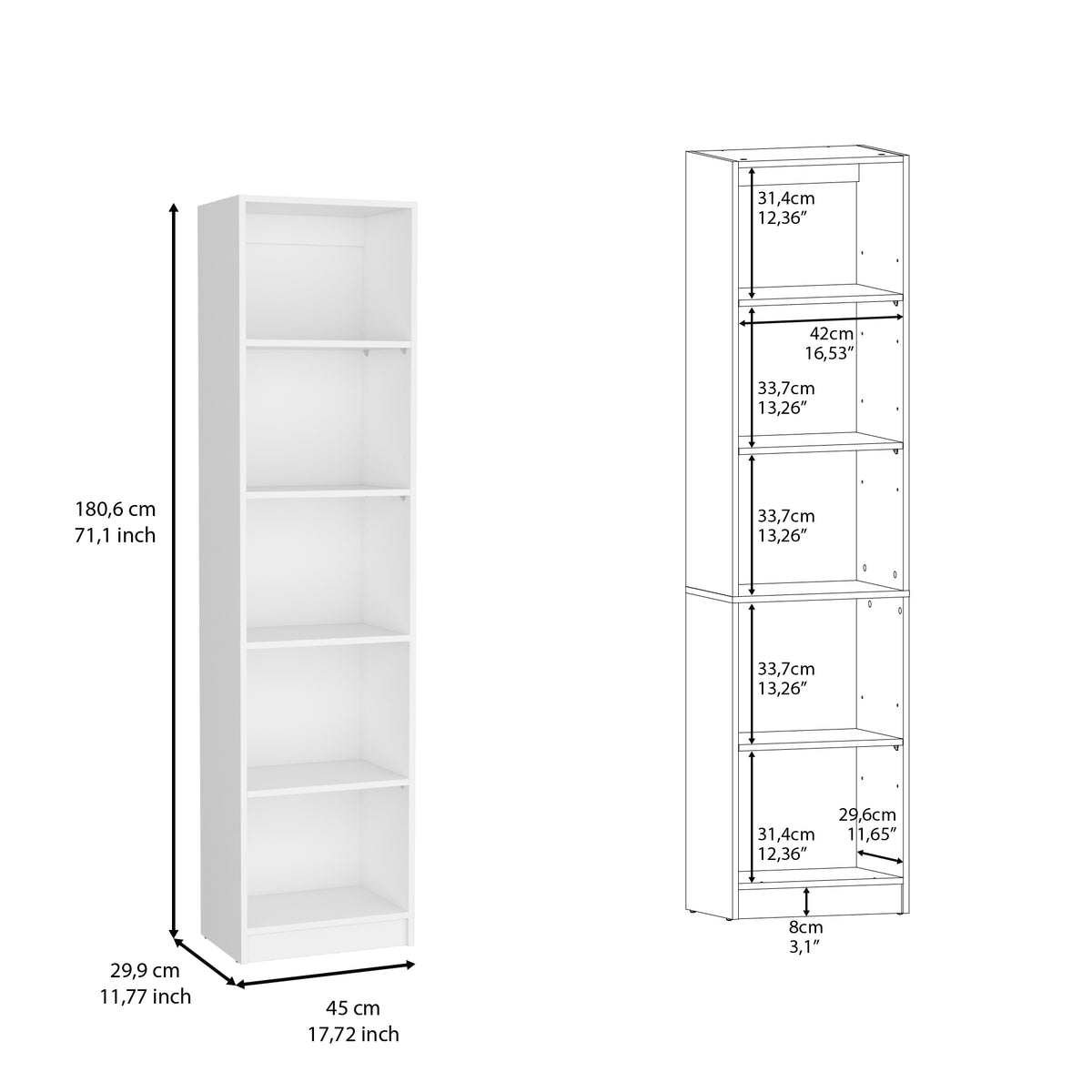 White Pine Bookshelf - Compact 5 Shelf Display Unit for Living Room