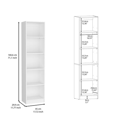 White Pine Bookshelf - Compact 5 Shelf Display Unit for Living Room