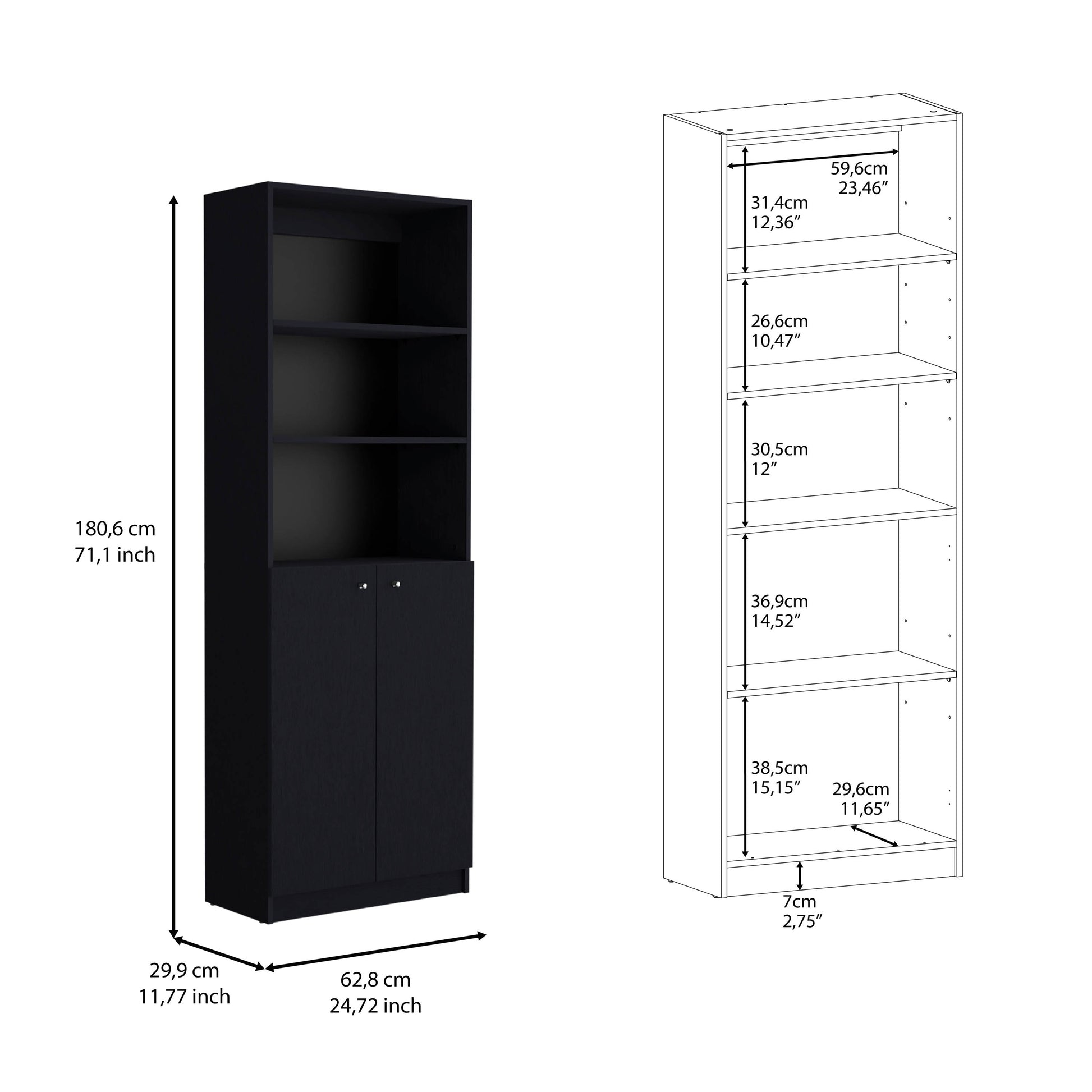 Black Modern Office Bookcase - 2 Door Storage Cabinet