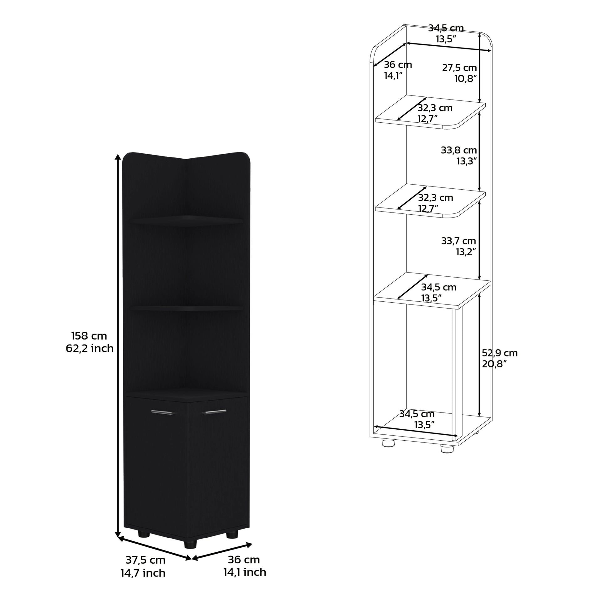 Corner Cabinet 62H" Tall - Black Storage Shelf