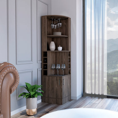 Corner Bar Cabinet, Two External Shelves, Dark Walnut