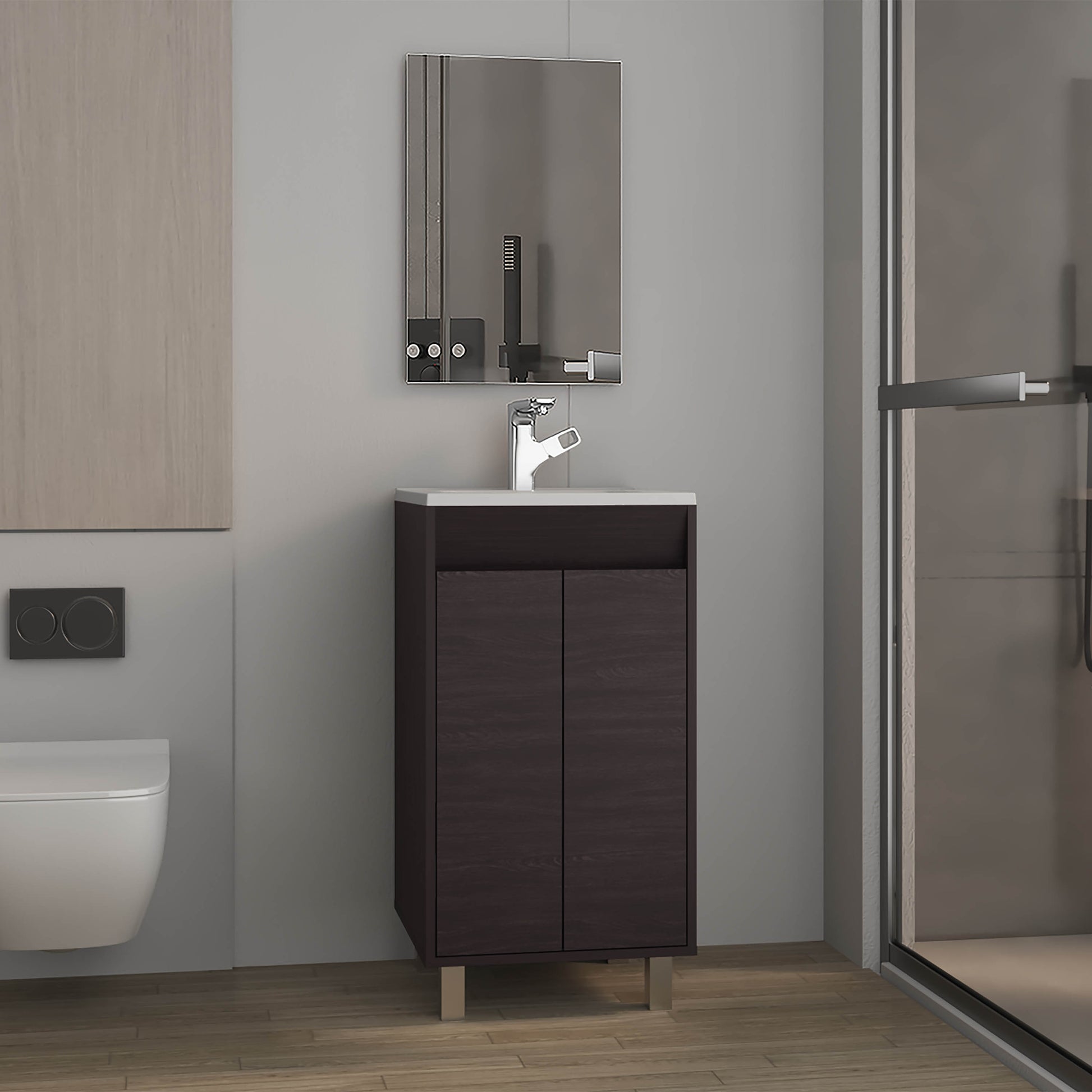 Bathroom Set, Cabinet with Sink + Mirror, 2 Doors, 4 Legs, 2 Shelves, 1 Mirror, Black Wengue