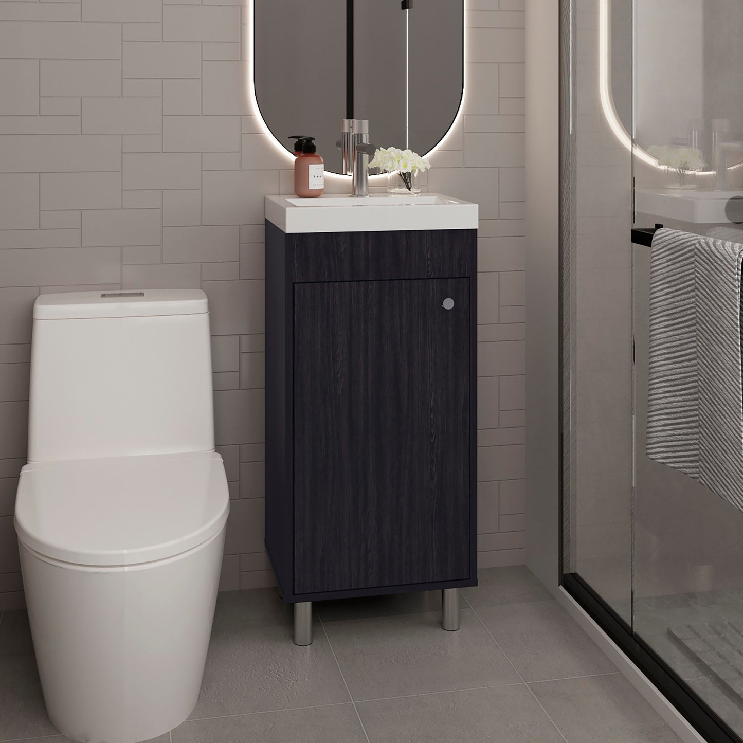Bathroom Vanity with Sink, 1 Door, 4 Legs, 2 Shelves, Black Wengue