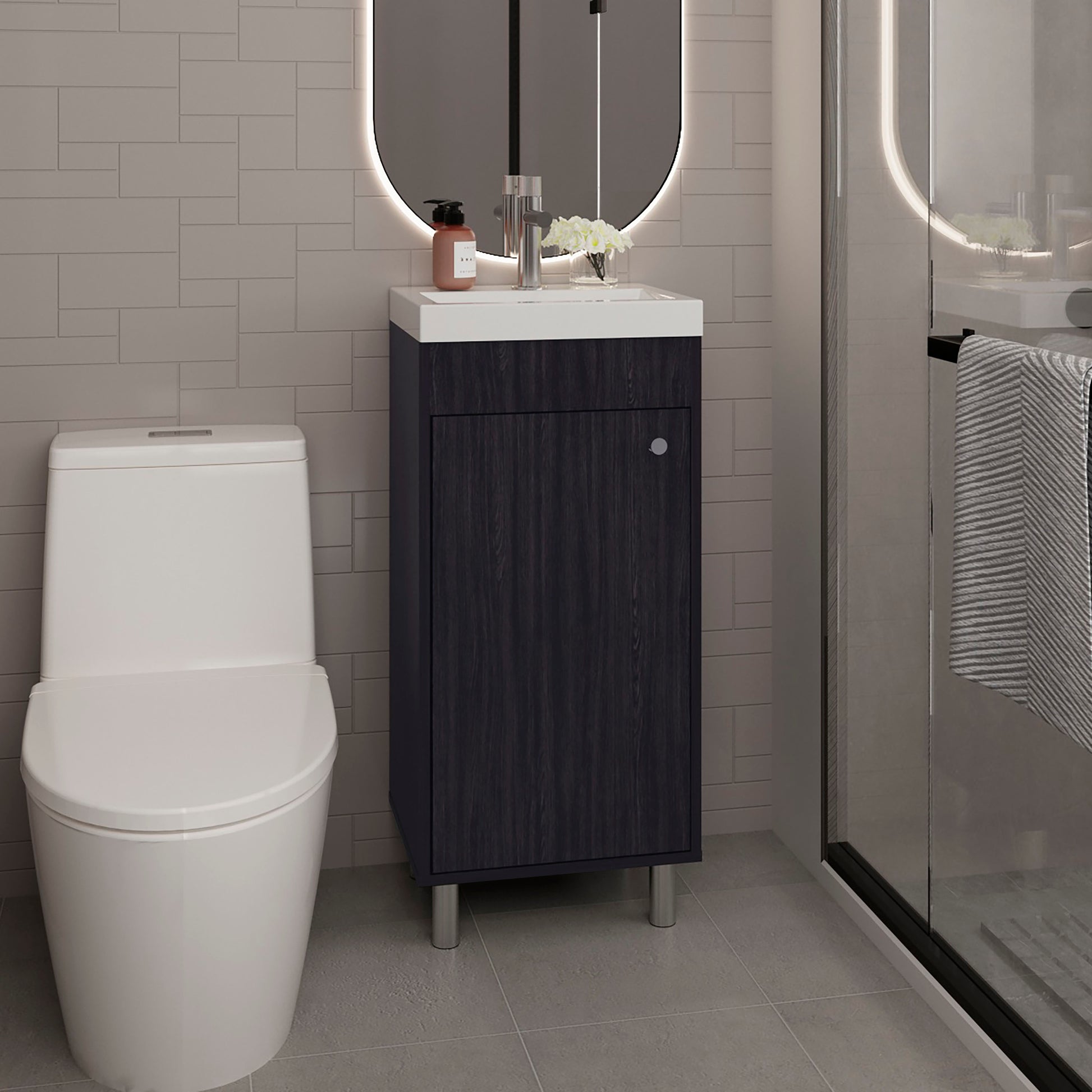 Bathroom Vanity with Sink, 1 Door, 4 Legs, 2 Shelves, Black Wengue