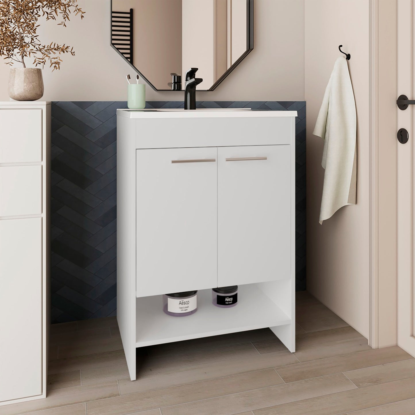 Bathroom Vanity with Sink, 2 Doors, 2 Shelves, White