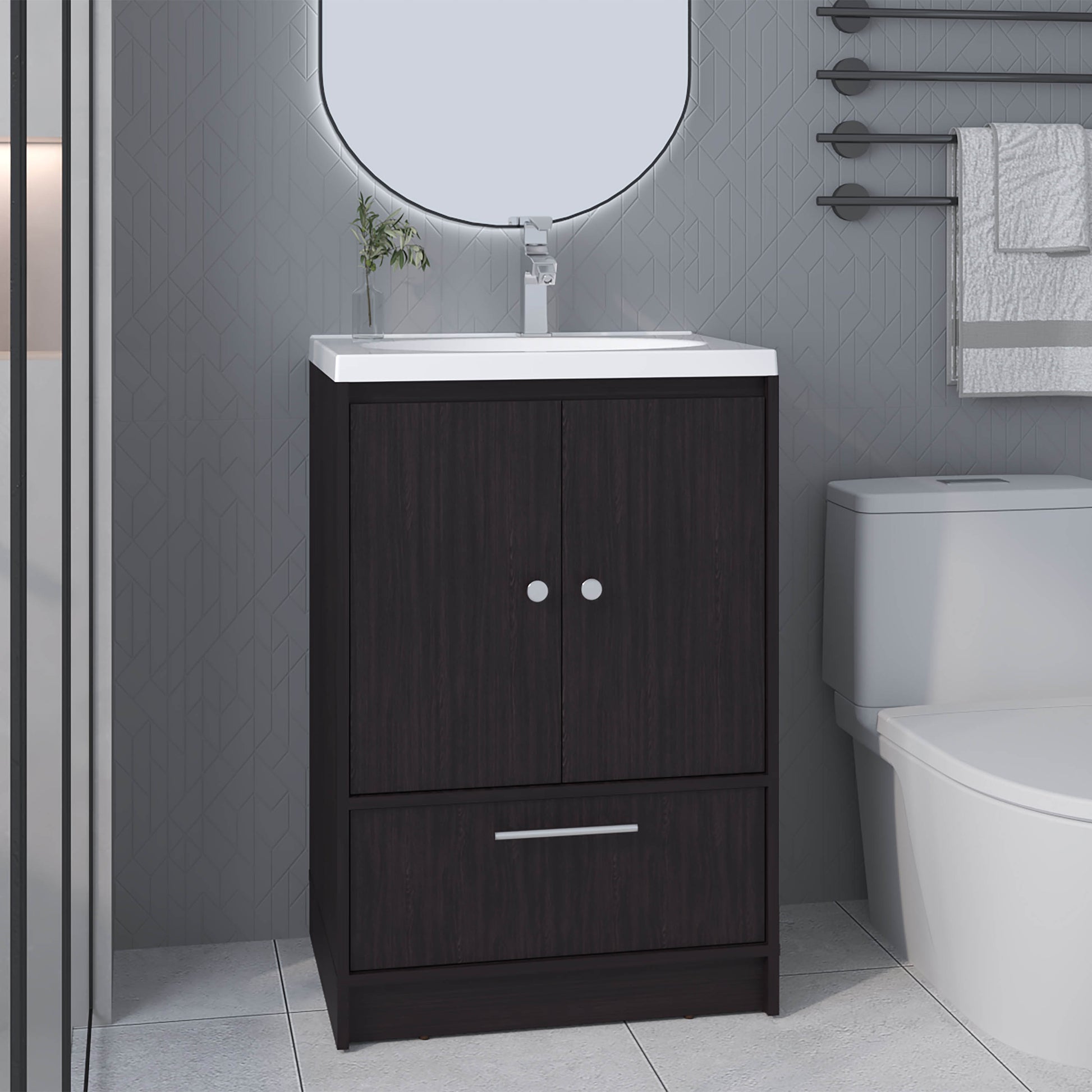 Bathroom Vanity with Sink, 2 Doors, 1 Drawer, Black Wengue