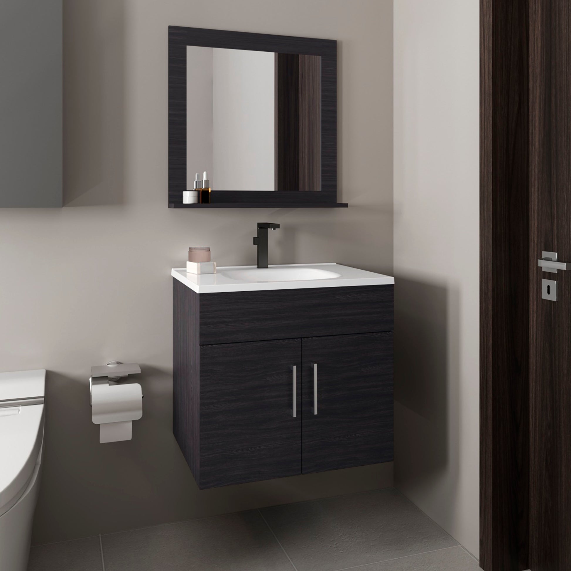Bathroom Set, Vanity Sink + Mirror, 2 Doors, 1 Shelf, 1 Mirror, Black Wengue
