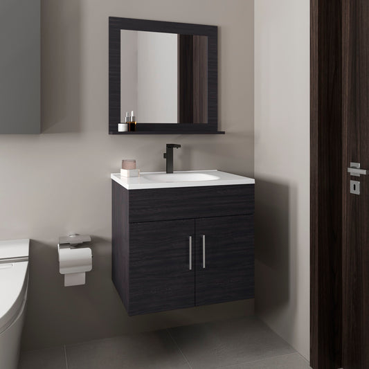 Bathroom Set, Vanity Sink + Mirror, 2 Doors, 1 Shelf, 1 Mirror, Black Wengue