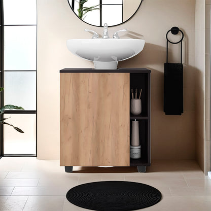 Under Sink Storage 24.4" H, 1 Door, 4 Shelves, 4 Legs, Natural Oak / Black Wengue - Bathroom