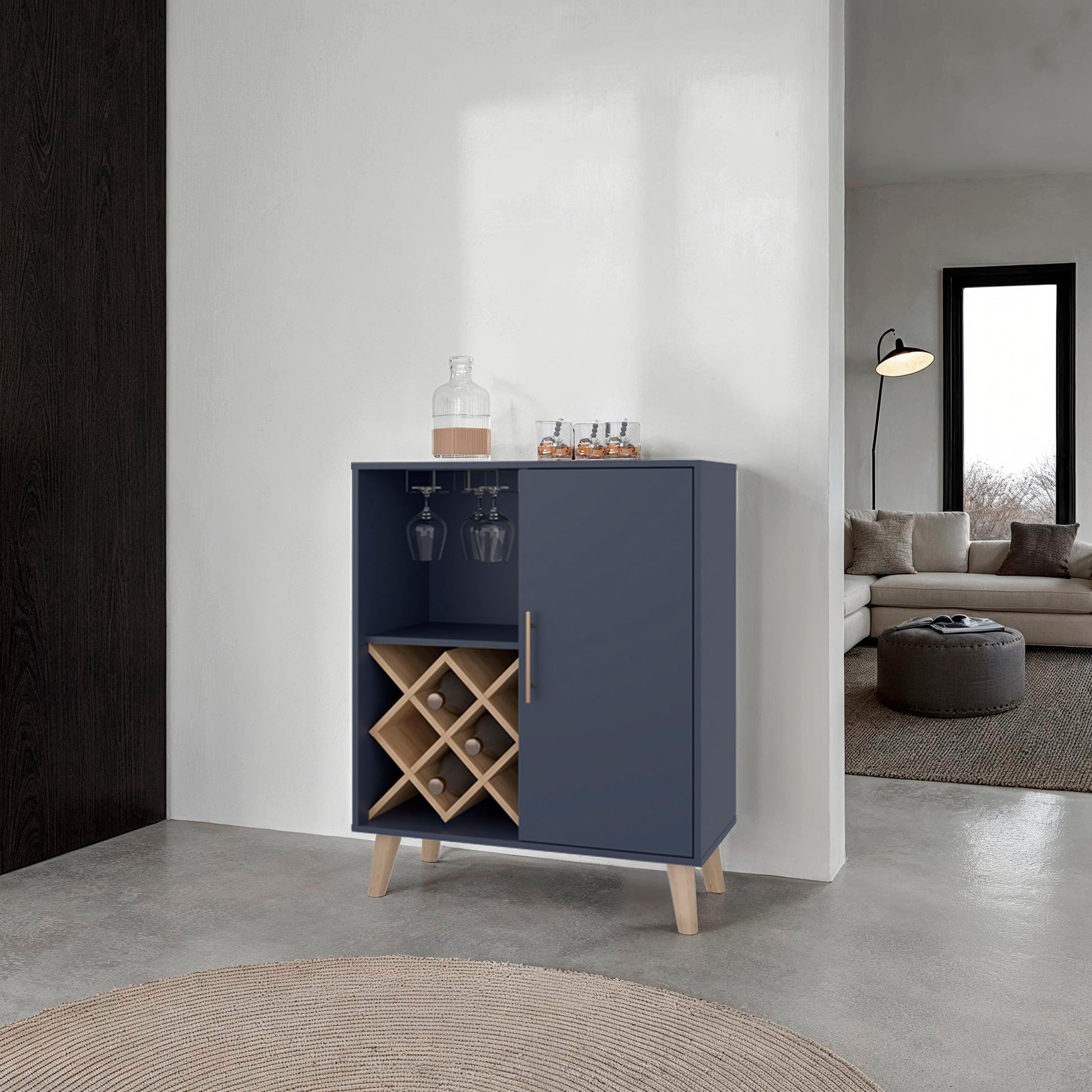Bar Cabinet 38.6" H, 1 Door, 1 Drawer, 4 Shelves, Alby Blue / Natural Oak - Living Room