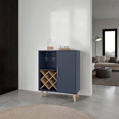 Bar Cabinet 38.6" H, 1 Door, 1 Drawer, 4 Shelves, Alby Blue / Natural Oak - Living Room